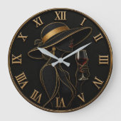 Elegant Lady with Wine Glass Luxury Black & Gold ラージ壁時計 (正面)