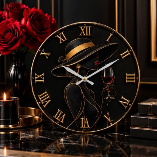 Elegant Lady with Wine Glass Luxury Black & Gold ラージ壁時計