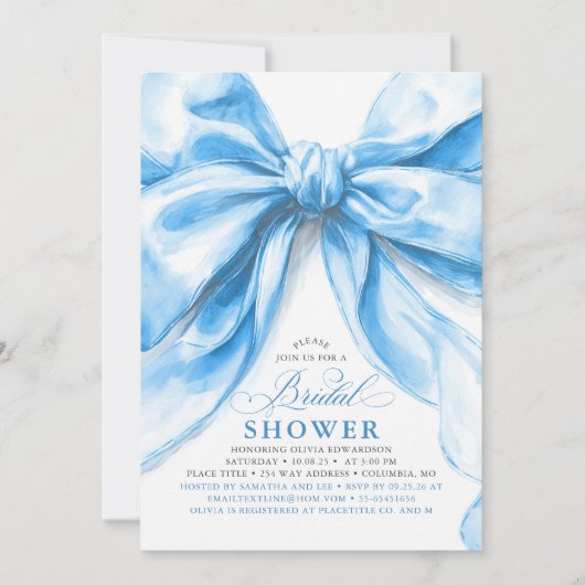 Elegant Large Dusty Blue Bow Bridal Shower 招待状 (正面)