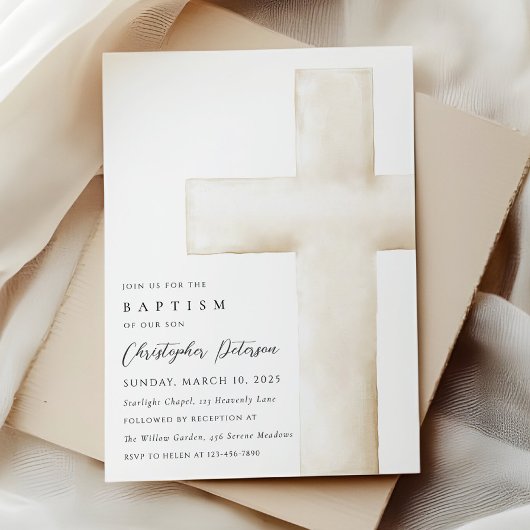 Elegant Large White Cross Baptism Invitation 招待状