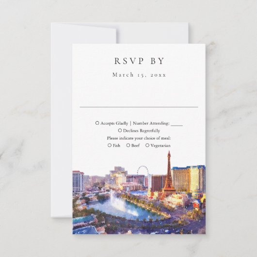 Elegant Las Vegas Skyline Watercolor Wedding 出欠カード (正面)