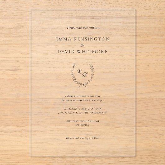 Elegant Laurel Wreath Minimalist Wedding アクリル招待状 (正面)