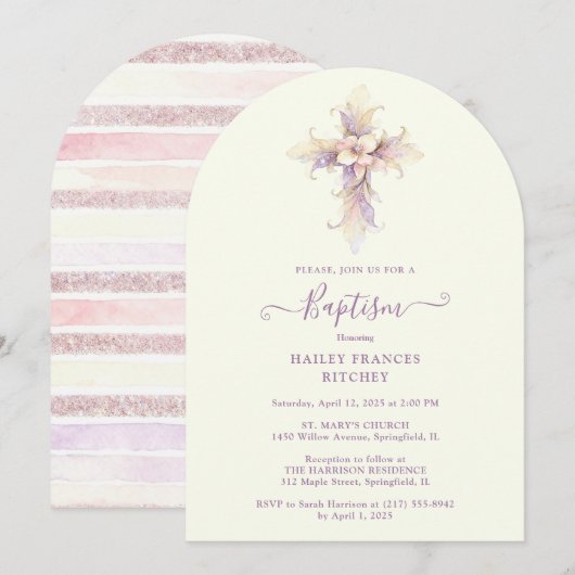 Elegant Lavender Blooms Cross Christian Baptism 招待状 (正面/裏面)