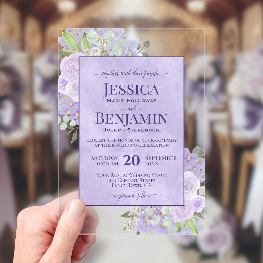 Elegant Lavender Boho Floral Stylish Text Wedding アクリル招待状
