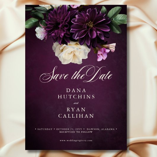 Elegant Lavender & Burgundy Floral Script Wedding セーブザデート