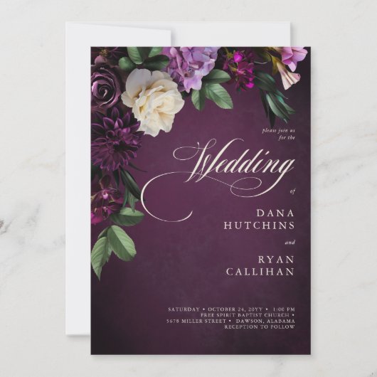 Elegant Lavender & Burgundy Floral Script Wedding 招待状 (正面)