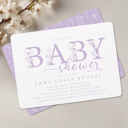 Elegant Lavender Floral Baby Shower Typography 招待状