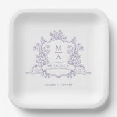 Elegant Lavender Floral Crest Monogram Wedding ペーパープレート (正面)