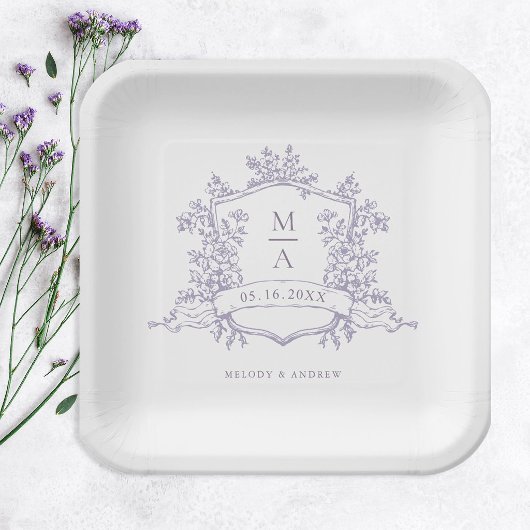Elegant Lavender Floral Crest Monogram Wedding ペーパープレート