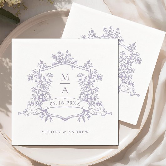 Elegant Lavender Floral Crest Monograms Wedding スタンダードカクテルナプキン