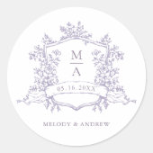 Elegant Lavender Floral Crest Monograms Wedding ラウンドシール (正面)