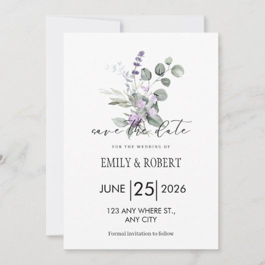 Elegant Lavender Floral Minimalist Save the Date (正面)