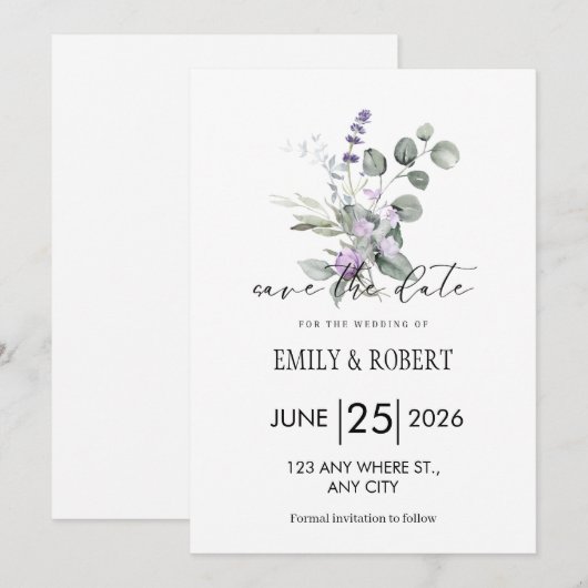 Elegant Lavender Floral Minimalist Save the Date (正面/裏面)