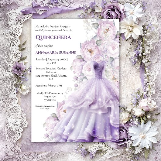 Elegant Lavender Floral Quinceañera Ball Gown |  招待状