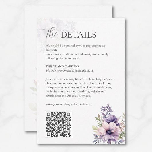 Elegant Lavender Floral Wedding Details QR Code  エンクロージャーカード