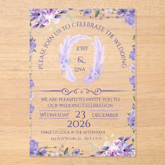 Elegant Lavender Floral Wedding Invitation アクリル招待状 (正面)