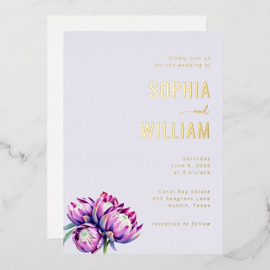 Elegant Lavender Floral Wedding Invitation 箔招待状 (正面/裏面)