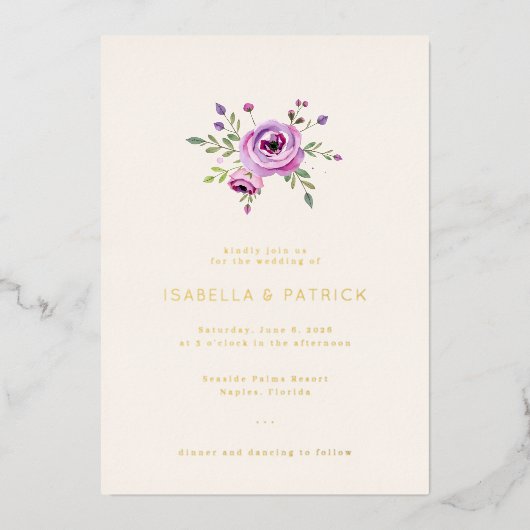 Elegant Lavender Floral Wedding Invitation 箔招待状 (正面)