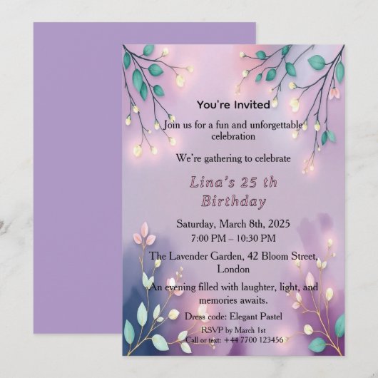 Elegant Lavender Glow Fairy Lights Birthday Party  招待状 (正面/裏面)