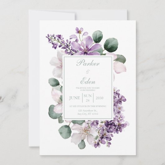 Elegant Lavender Lilac Eucalyptus Watercolor 招待状 (正面)