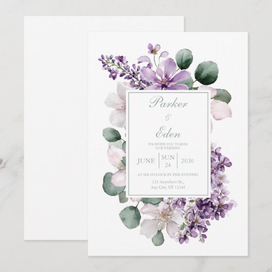 Elegant Lavender Lilac Eucalyptus Watercolor 招待状 (正面/裏面)