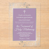 Elegant Lavender Purple & Silver Catholic Wedding アクリル招待状 (正面)