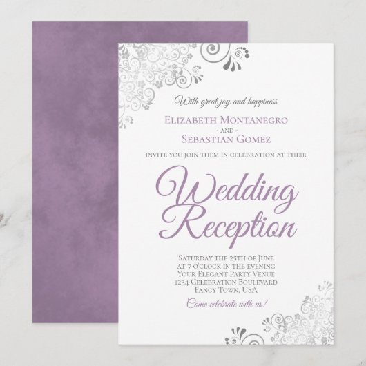 Elegant Lavender Purple & Silver Wedding Reception 招待状 (正面/裏面)