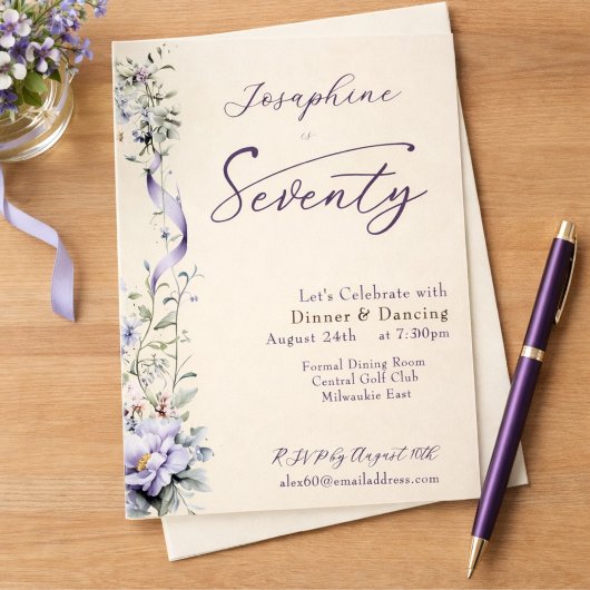 Elegant Lavender Wildflower Script 70th Birthday 招待状