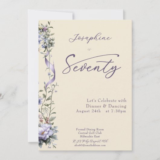 Elegant Lavender Wildflower Script 70th Birthday 招待状 (正面)