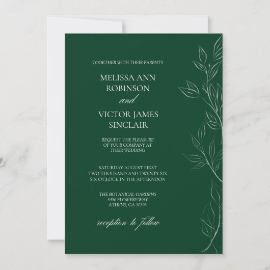 Elegant Leaf Emerald Green Wedding Invitation 招待状 (正面)