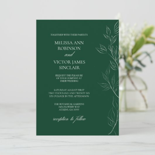 Elegant Leaf Emerald Green Wedding Invitation 招待状 (スタンド正面)