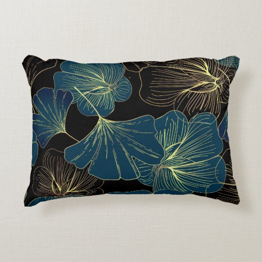 Elegant Leaves of Blue With Gold Lines Botanical アクセントクッション (正面)