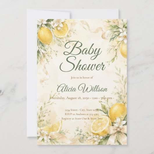 Elegant Lemon Botanical Baby Shower 招待状 (正面)