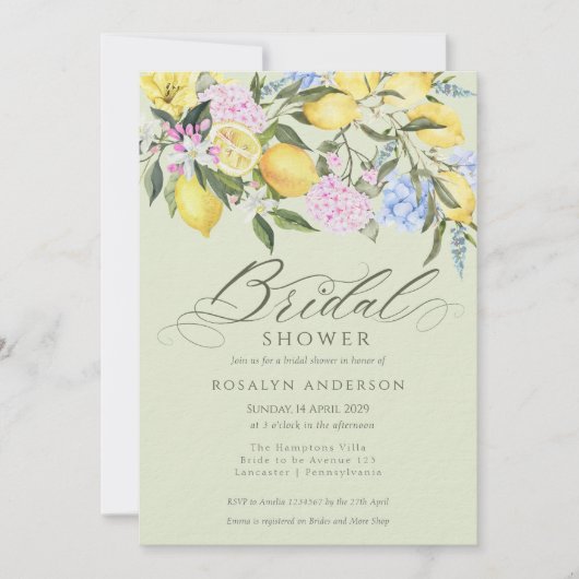 Elegant Lemon Floral Citrus Bridal Shower 招待状 (正面)