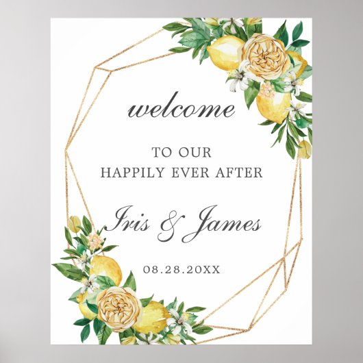 Elegant Lemon Floral Geometric Wedding Welcome ポスター (正面)
