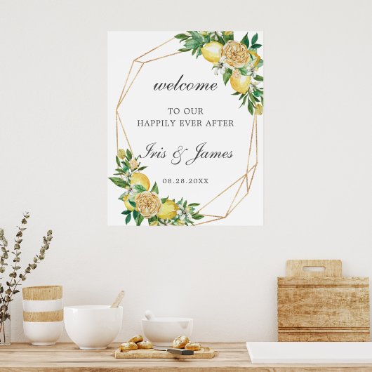 Elegant Lemon Floral Geometric Wedding Welcome ポスター (キッチン)