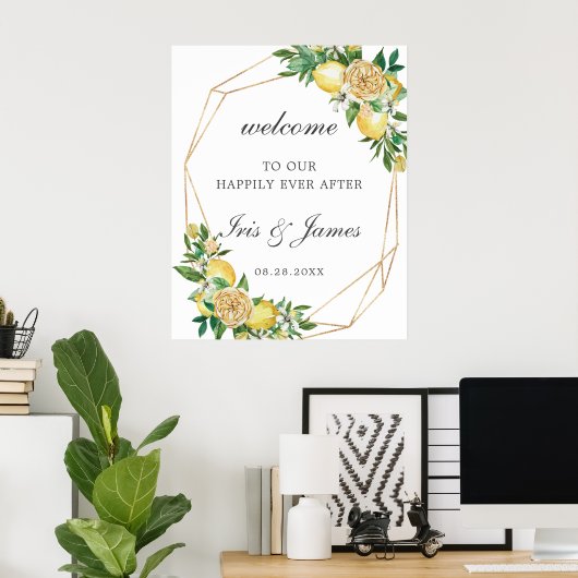 Elegant Lemon Floral Geometric Wedding Welcome ポスター (ホームオフィス)