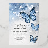 Elegant Light Baby Blue Butterfly Wedding Real 箔招待状 (正面)