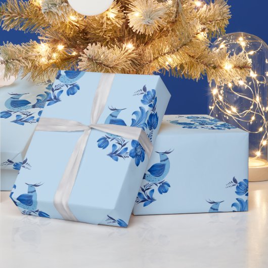 Elegant Light Blue & Cobalt Folk Art Bird ラッピングペーパー (クリスマス)