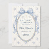 Elegant Light Blue Coquette Bow Floral First Holy  招待状 (正面)