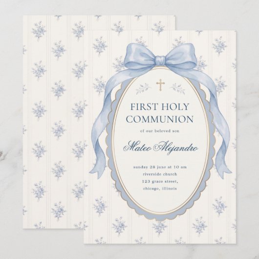 Elegant Light Blue Coquette Bow Floral First Holy  招待状 (正面/裏面)