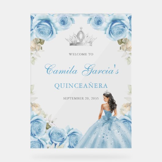 Elegant Light Blue Floral Quinceañera Welcome アクリルサイン (正面)