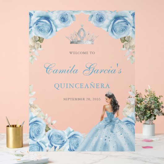 Elegant Light Blue Floral Quinceañera Welcome アクリルサイン (ウェディング)