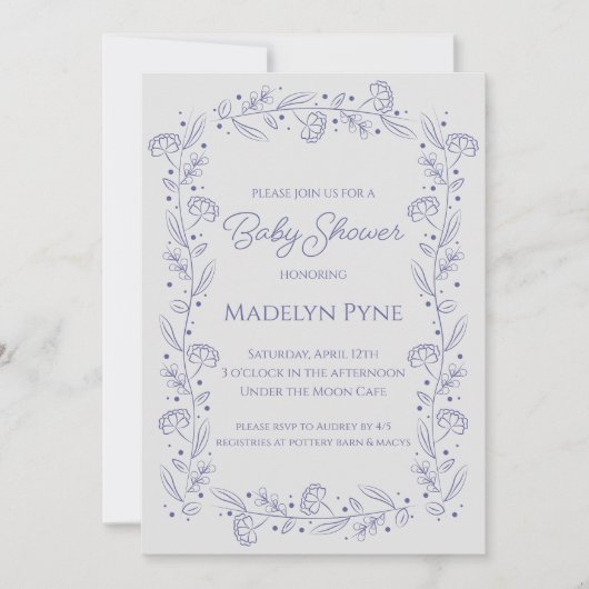 Elegant Light Blue Floral Vines Baby Shower 招待状 (正面)