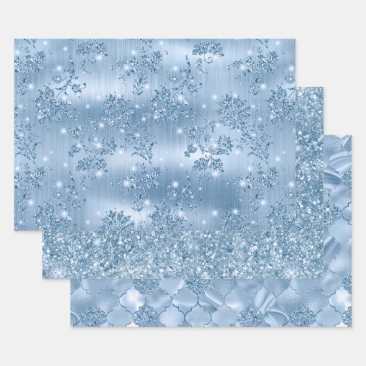 Elegant Light Blue Glitter Glam Patterns ラッピングペーパーシート (セット)
