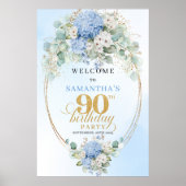 Elegant Light Blue Hydrangeas 90 Birthday Welcome ポスター (正面)