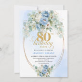 Elegant Light Blue Peony Floral Gold 80th Birthday 招待状 (正面)