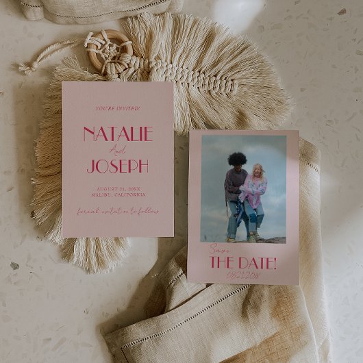 Elegant Light Deep Pink Minimalist Photo Wedding セーブザデート