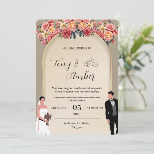 Elegant Light Gold with Floral Wedding Invitation 招待状 (スタンド正面)