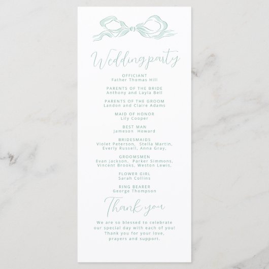 Elegant Light Green Hand Drawn Bow Wedding Program メニュー (裏面)